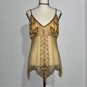 Wet Seal Gold Beaded Y2K Mesh Fairy Cami Top Large